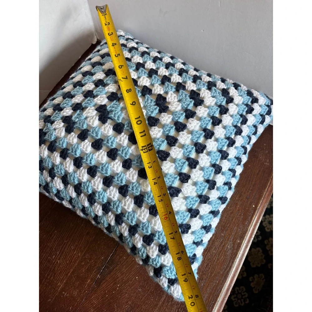 Handmade Crochet Granny Square‎ Throw Pillow Blue White 14x14 Decorative Cushion